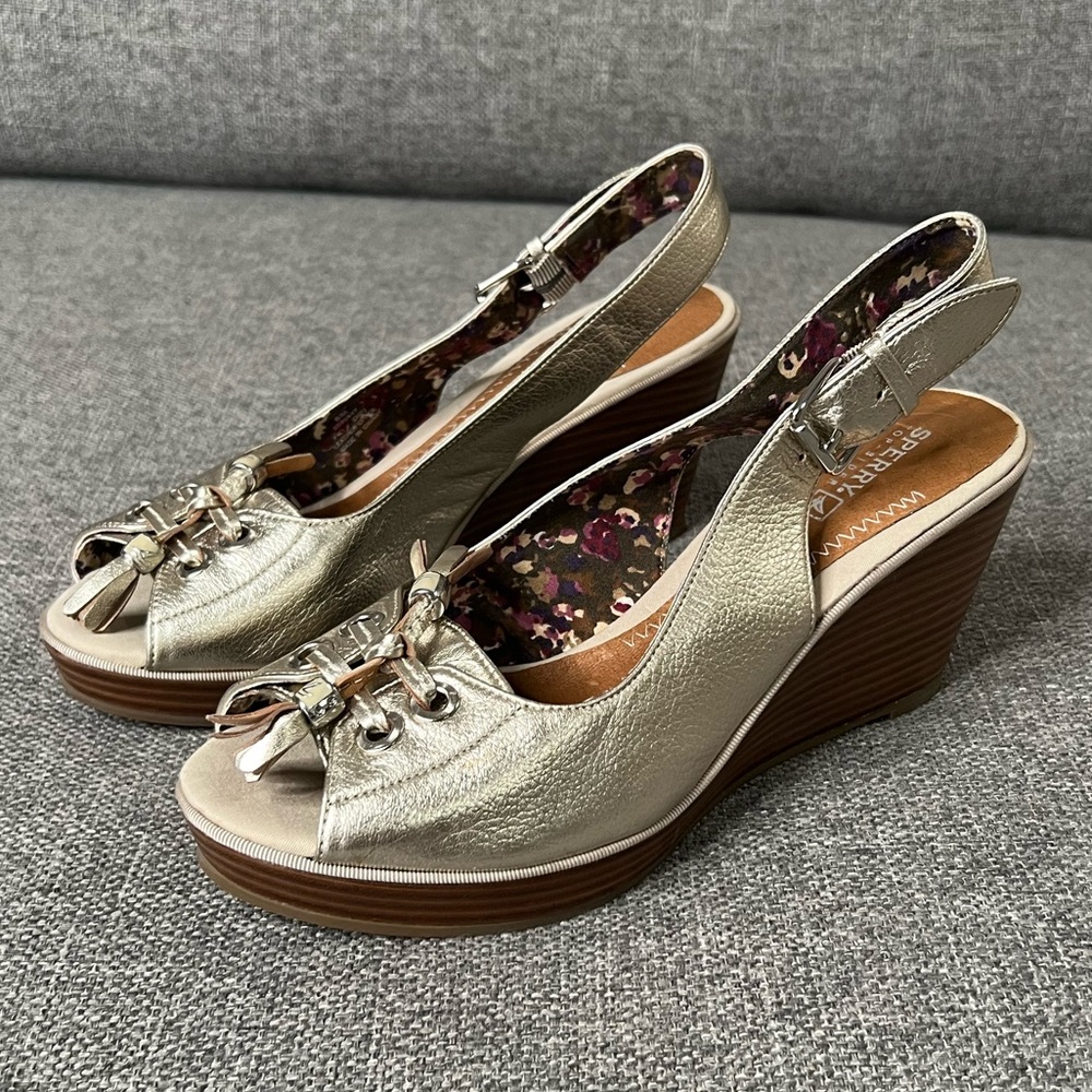 NEW Sperry Topsider Metallic Gold Leather Wedge Slingback Sandals, Heels Size